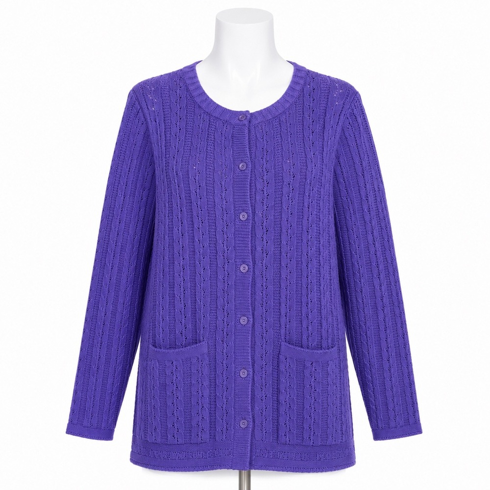 Easy Essentials Cardigan Sweater L Purple Pointelle Cable Knit Cottage Grandma